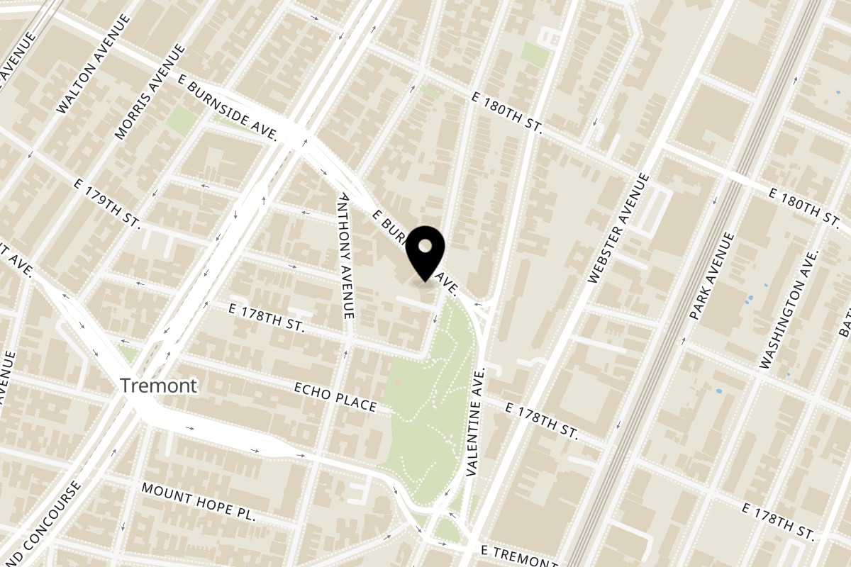 Map showing the location of Nick's pizza lounge on 292 E Burnside Ave in Bronx